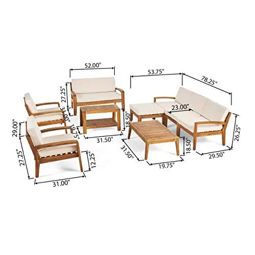Great Deal Furniture Sally 7-Seater Outdoor Patio Sofa Set Furniture with Loveseat - Teak Finish/Beige Cushions Great Deal Furniture