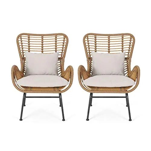 Great Deal Furniture Set of 2 Crystal Outdoor Wicker Club Chairs with Cushions - Light Brown and Beige Great Deal Furniture