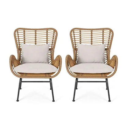 Great Deal Furniture Set of 2 Crystal Outdoor Wicker Club Chairs with Cushions - Light Brown and Beige Great Deal Furniture