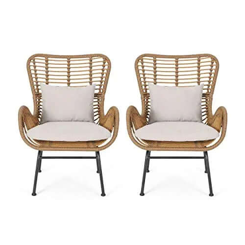 Great Deal Furniture Set of 2 Crystal Outdoor Wicker Club Chairs with Cushions - Light Brown and Beige Great Deal Furniture
