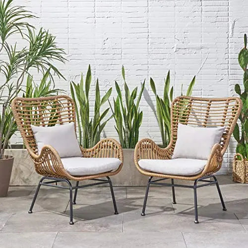 Great Deal Furniture Set of 2 Crystal Outdoor Wicker Club Chairs with Cushions - Light Brown and Beige Great Deal Furniture