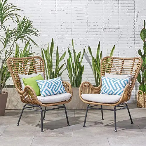 Great Deal Furniture Set of 2 Crystal Outdoor Wicker Club Chairs with Cushions - Light Brown and Beige Great Deal Furniture