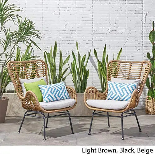 Great Deal Furniture Set of 2 Crystal Outdoor Wicker Club Chairs with Cushions - Light Brown and Beige Great Deal Furniture