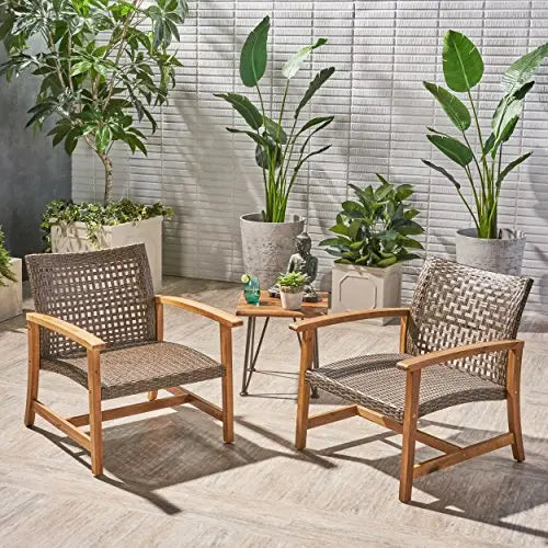 Great Deal Furniture Set of 2 Viola Outdoor Wood and Wicker Club Chairs - Teak Finish and Mixed Mocha Great Deal Furniture