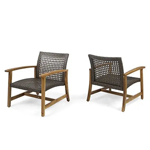 Great Deal Furniture Set of 2 Viola Outdoor Wood and Wicker Club Chairs - Teak Finish and Mixed Mocha Great Deal Furniture