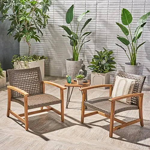 Great Deal Furniture Set of 2 Viola Outdoor Wood and Wicker Club Chairs - Teak Finish and Mixed Mocha Great Deal Furniture