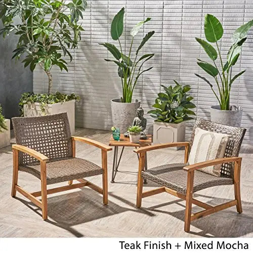 Great Deal Furniture Set of 2 Viola Outdoor Wood and Wicker Club Chairs - Teak Finish and Mixed Mocha Great Deal Furniture