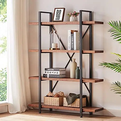 HSH Bookcase | 4 Tier Rustic Industrial Bookshelf - Distressed Brown HSH