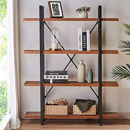 HSH Bookcase | 4 Tier Rustic Industrial Bookshelf - Distressed Brown HSH