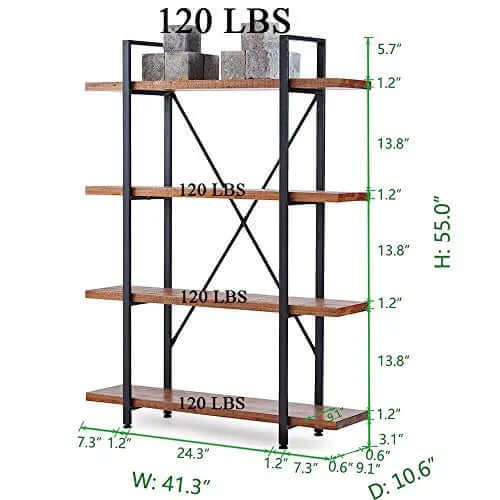 HSH Bookcase 4 Tier Rustic Industrial Bookshelf Distressed