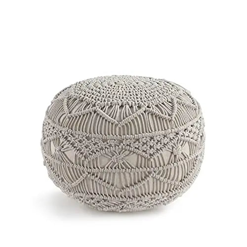 Hand Knitted Macramé Pouf Ottoman - Ivory LANE LINEN