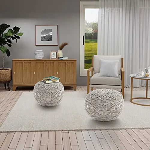 Hand Knitted Macramé Pouf Ottoman - Ivory LANE LINEN