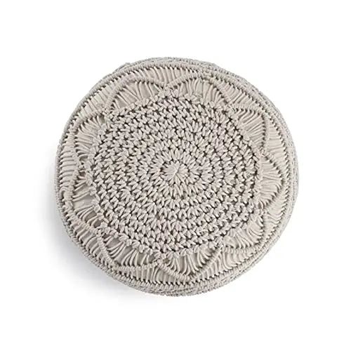 Hand Knitted Macramé Pouf Ottoman - Ivory LANE LINEN