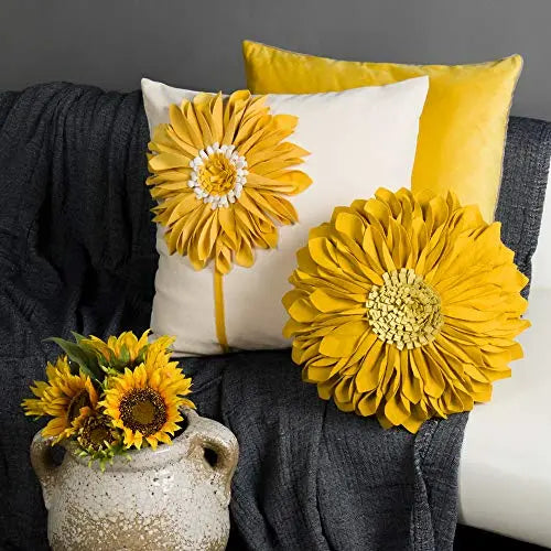 Handmade Flower Accent Decorative 3D Sunflower Throw Pillow Cover | Cushion Cover Aesthetic Farmhouse Cushion Cover, 18"x18" - Gold Yellow JWH