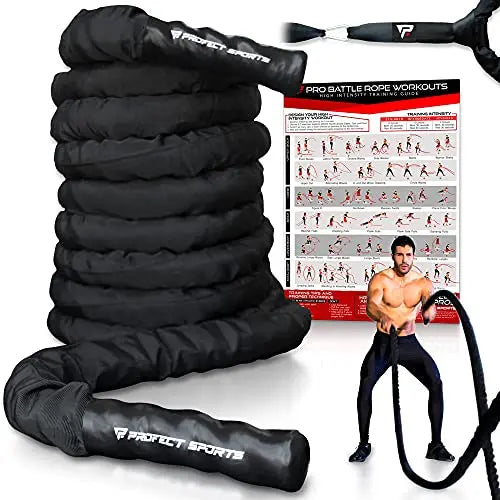 Heavy Battle Rope with Anchor Strap Kit and Exercise Poster for Strength Training, Cardio Fitness, CrossFit Rope - 1.5 x 30 ft Profect Sports