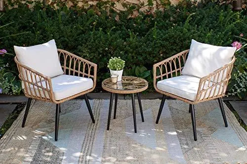 Hermosa 3-Piece Outdoor Seating Set - Tan Wicker, White Cushions Quality Outdoor Living