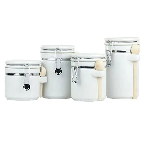 Home Basics Canister Set with Spoons, 4-Piece Ceramic Set - White Home Basics