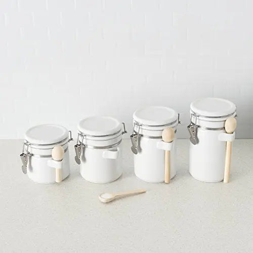 Home Basics Canister Set with Spoons, 4-Piece Ceramic Set - White Home Basics