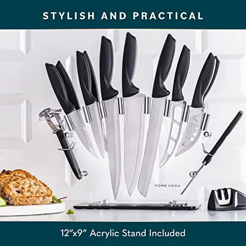 Home Hero - Kitchen Knives - Chef Knife Set w/ Block - Stainless Steel  Kitchen Knives w/ Stand - Black, 5 Pieces