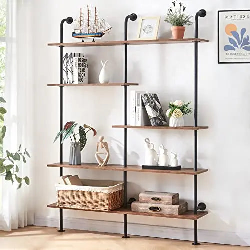 Homissue Industrial Bookshelf, 5-Tier Wall Mount Ladder Bookcase - Brown HOMISSUE