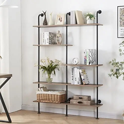 Homissue Industrial Bookshelf, 5-Tier Wall Mount Ladder Bookcase - Brown HOMISSUE