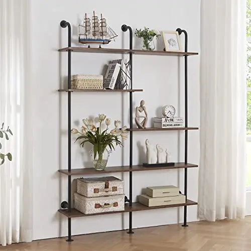 Homissue Industrial Bookshelf, 5-Tier Wall Mount Ladder Bookcase - Brown HOMISSUE