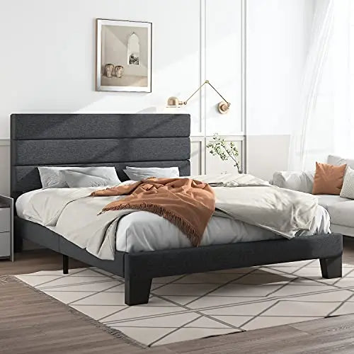 Hoomic Fabric Upholstered Platform Bed Frame - Dark Grey HOOMIC