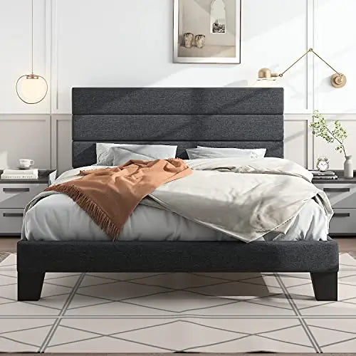 Hoomic Fabric Upholstered Platform Bed Frame - Dark Grey HOOMIC