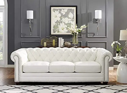Hydeline Aliso 100% Leather Chesterfield Modern Tufted Sofa Couch, 92" - White Hydeline