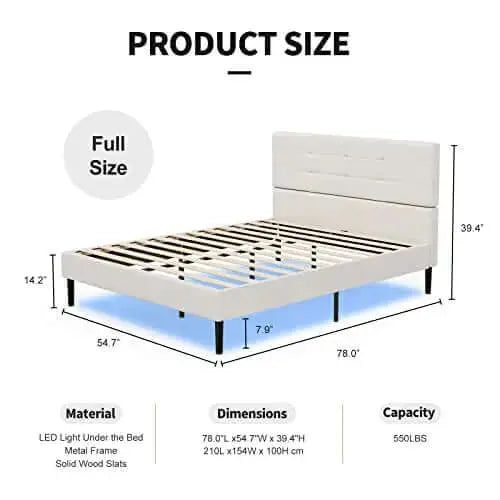 Modern White Upholstered Faux Leather Platform Bed with LED Lights Under Bed - White IKIFLY