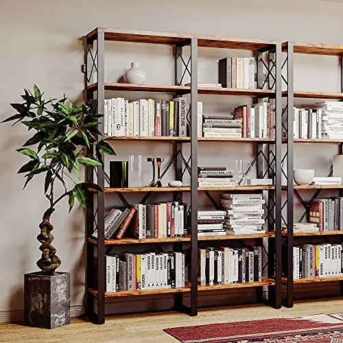 IRONCK Industrial Bookcase | Double Wide 6-Tier Bookshelf, 76" - Brown IRONCK