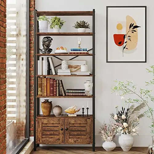 IRONCK Industrial Bookshelf Bookcase with 2 Doors and 5 Shelves - Vintage Brown IRONCK