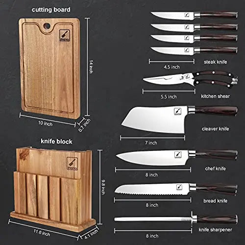Imarku - 10 Piece Kitchen Knife Set with Block & Cutting Board