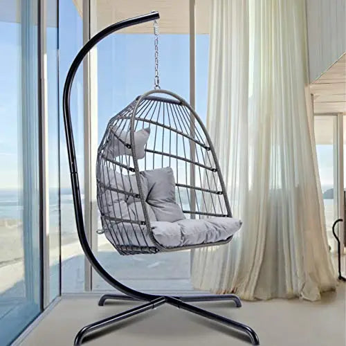 Indoor Outdoor Patio Wicker Hanging Egg Chair with Stand | Aluminum Frame Swing Egg Chair - Grey YeSea