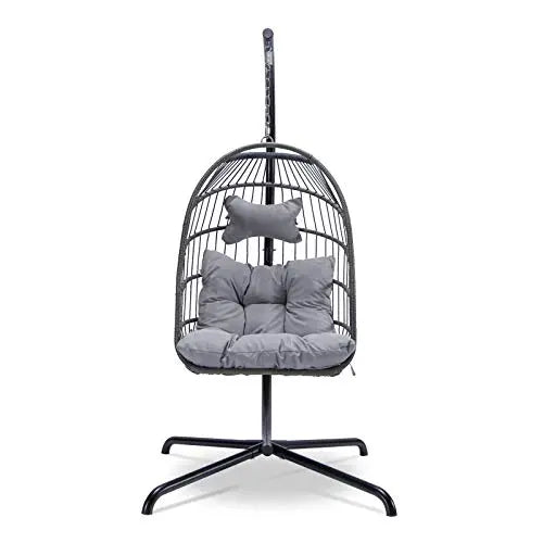 Indoor Outdoor Patio Wicker Hanging Egg Chair with Stand | Aluminum Frame Swing Egg Chair - Grey YeSea