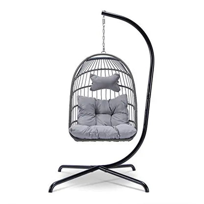 Indoor Outdoor Patio Wicker Hanging Egg Chair with Stand | Aluminum Frame Swing Egg Chair - Grey YeSea