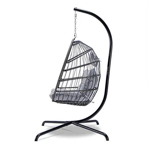 Indoor Outdoor Patio Wicker Hanging Egg Chair with Stand | Aluminum Frame Swing Egg Chair - Grey YeSea