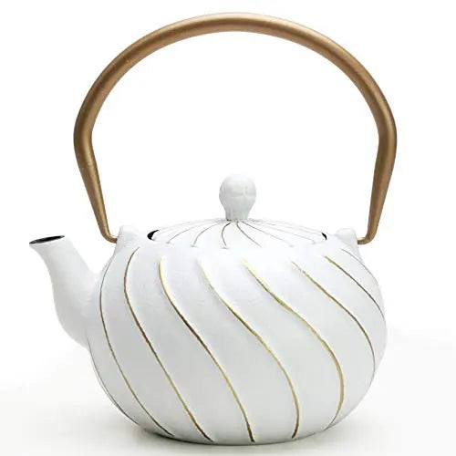 Japanese Cast Iron Teapot with Infuser, Coated with Enameled Interior for 40 Oz - White toptier