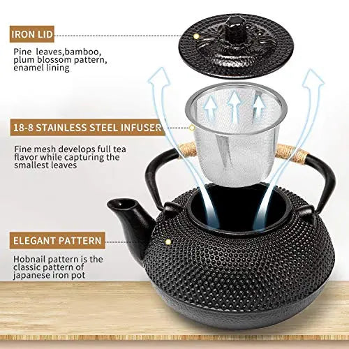 Japanese Tetsubin Tea Kettle | Cast Iron Teapot with Stainless Steel Infuser, 900ML - Black Towa