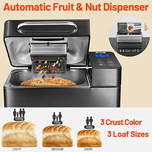  KBS 17-in-1 Bread Maker-Dual Heaters, 710W Machine Stainless  Steel with Gluten-Free, Dough Maker,Jam,Yogurt PROG, Auto Nut  Dispenser,Ceramic Pan& Touch Panel, 3 Loaf Sizes 3 Crust Colors,Recipes:  Home & Kitchen