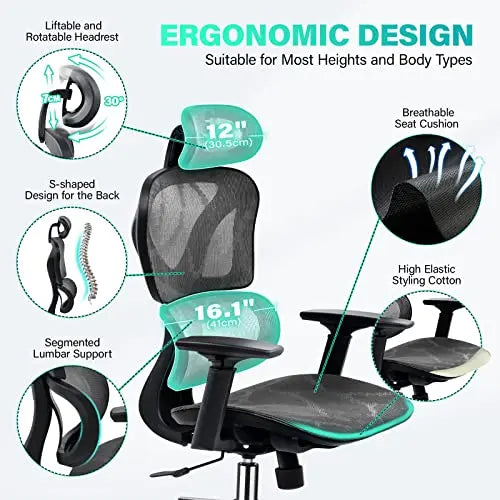 KERDOM Ergonomic Office Chair | Lumbar Support Mesh Chair - Black KERDOM