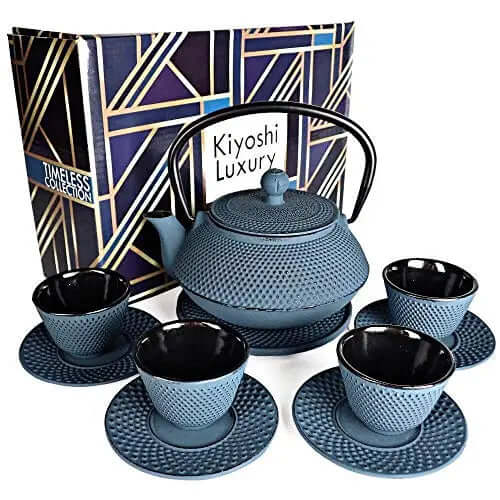 KIYOSHI Luxury Japanese Tea Set, 11 PC Cast Iron Tea Pot Set - Blue