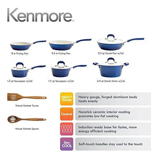 Kenmore Arlington Nonstick Ceramic Coated 12-Piece Set Cookware - Metallic Blue Kenmore