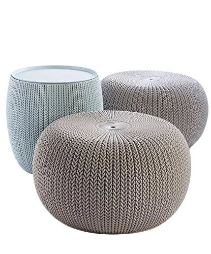 Keter Storage Ottoman, Set of 2  Urban Knit Pouf Outdoor Seating - Dune/Misty Blue Keter