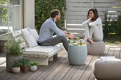 Keter Storage Ottoman, Set of 2  Urban Knit Pouf Outdoor Seating - Dune/Misty Blue Keter