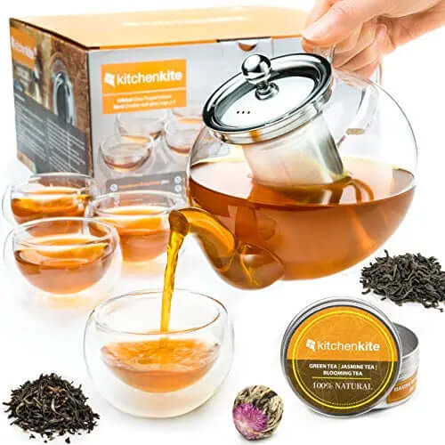 Kitchen Kite Glass Teapot | Tea Kettle Infuser Stovetop Gift Set