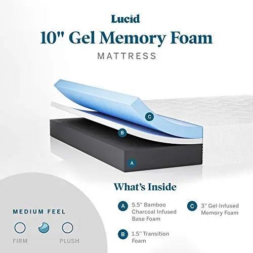 LUCID 10" Memory Foam Gel Mattress | Medium FeelGel Infusion - CertiPUR Certified Hypoallergenic Bamboo Charcoal LUCID