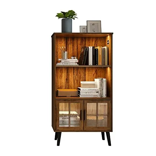 LVSOMT 3 Tier Retro Bookcase with Doors and Metal Legs - Brown LVSOMT
