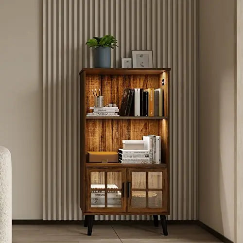 LVSOMT 3 Tier Retro Bookcase with Doors and Metal Legs - Brown LVSOMT