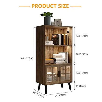 LVSOMT 3 Tier Retro Bookcase with Doors and Metal Legs - Brown LVSOMT